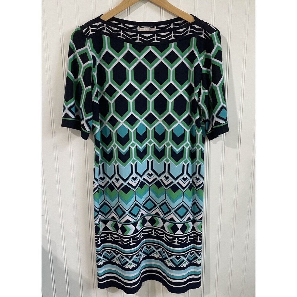 dressbarn Geometric Midi Dress in Green and Blue